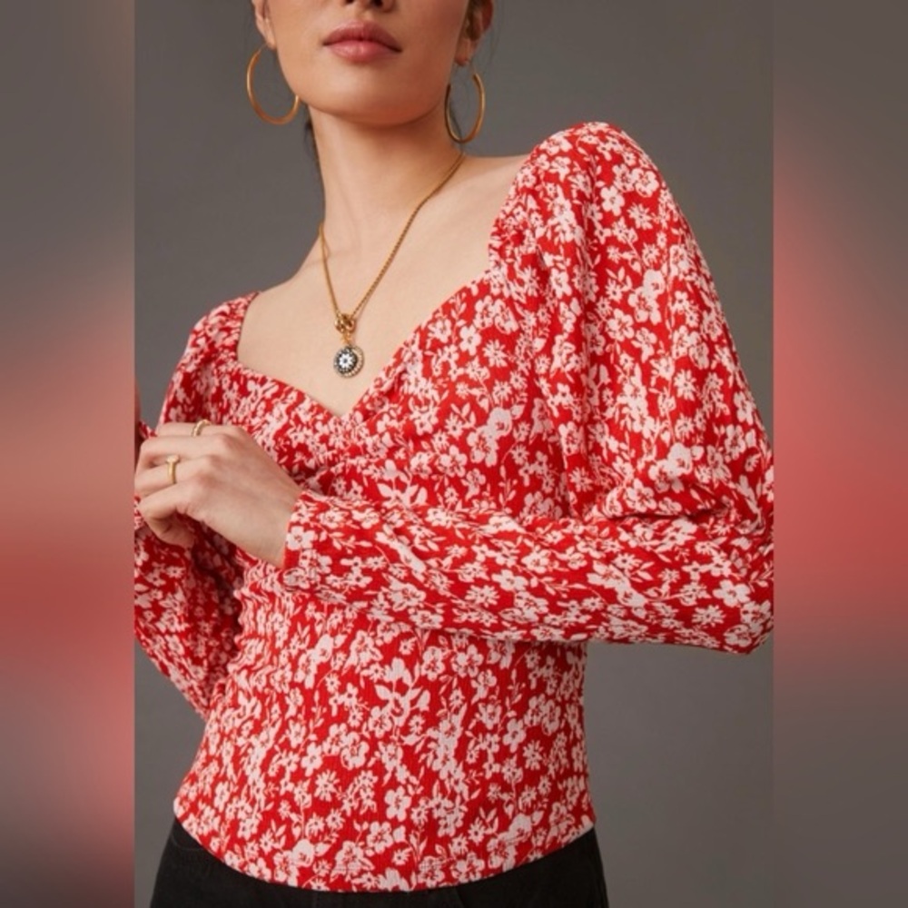 Anthropologie Red and White Floral Blouse
